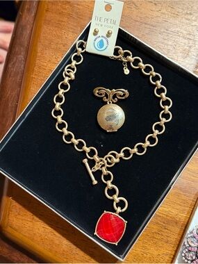 Gold Chain Bracelet with Red Pendant small post earrings and locket pin